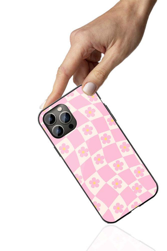 Pink Checker Floral Phone Cover | Glass Case