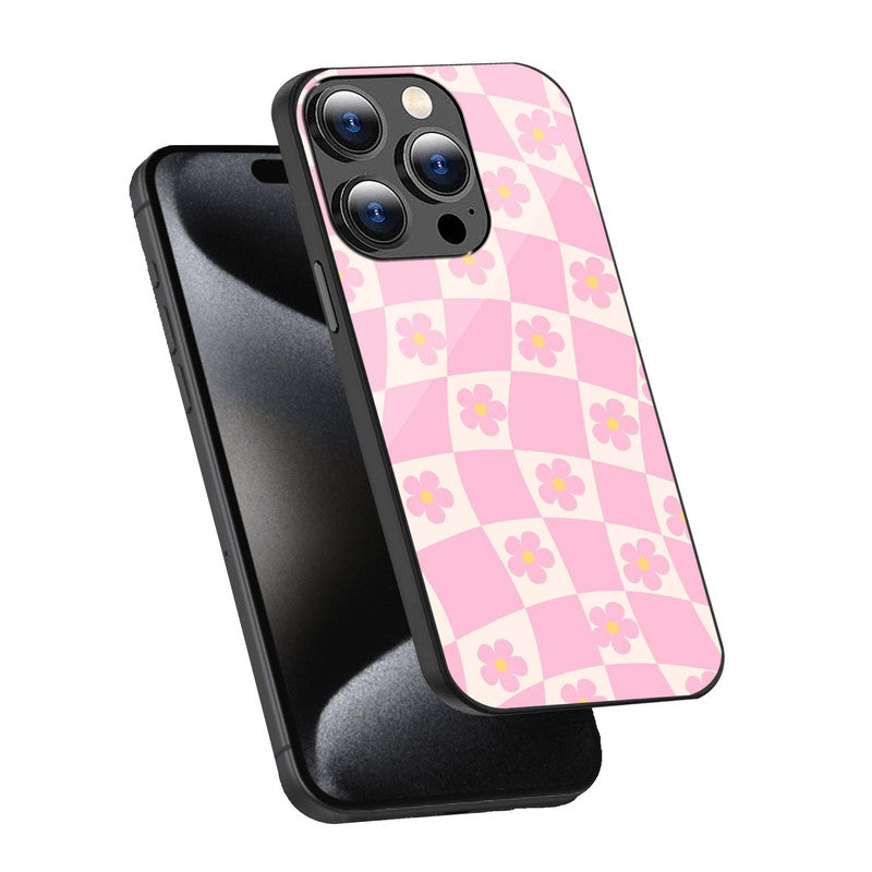 Pink Checker Floral Phone Cover | Glass Case