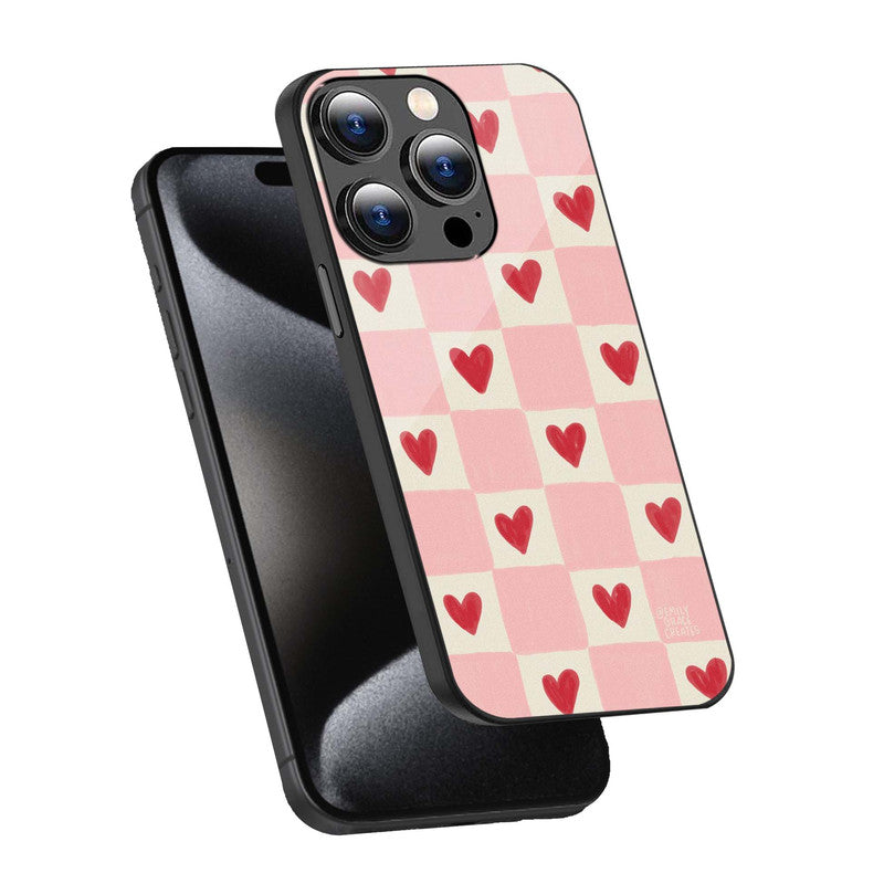 Pink Checkered Heart Phone Cover | Glass Case