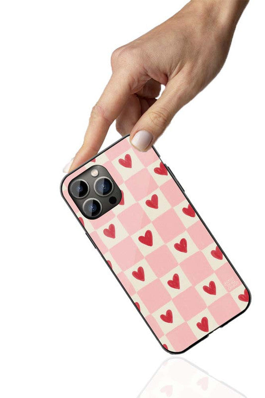 Pink Checkered Heart Phone Cover | Glass Case