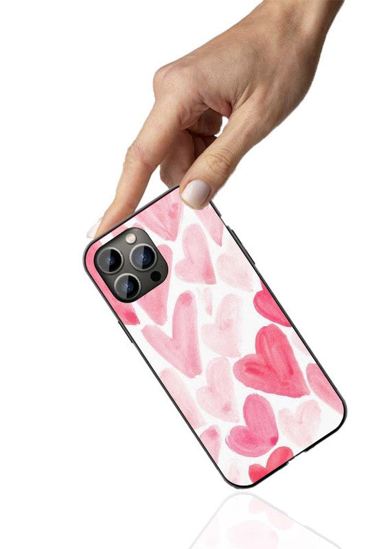 Pink Hearts Watercolor Phone Cover | Glass Case
